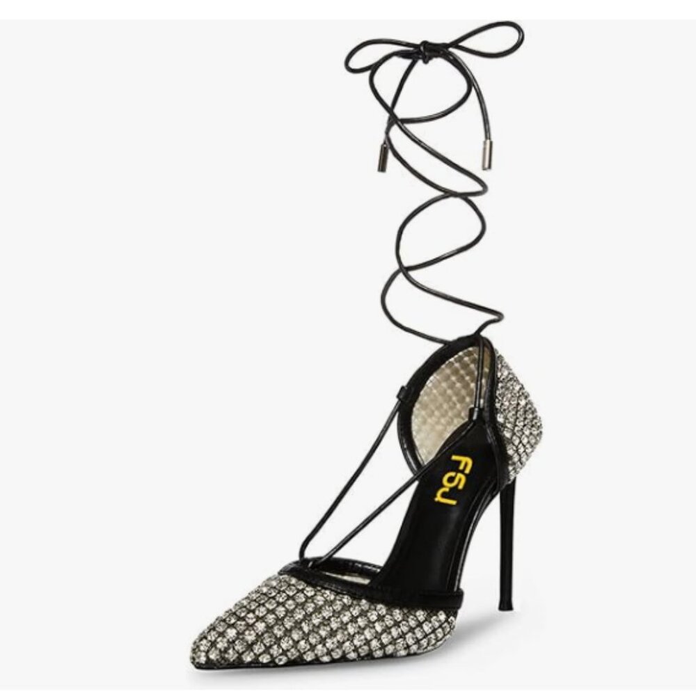 FSJ Black Lace Up Rhinestone High Heel Pumps Mesh Pointy Toe Sparkling Sandals